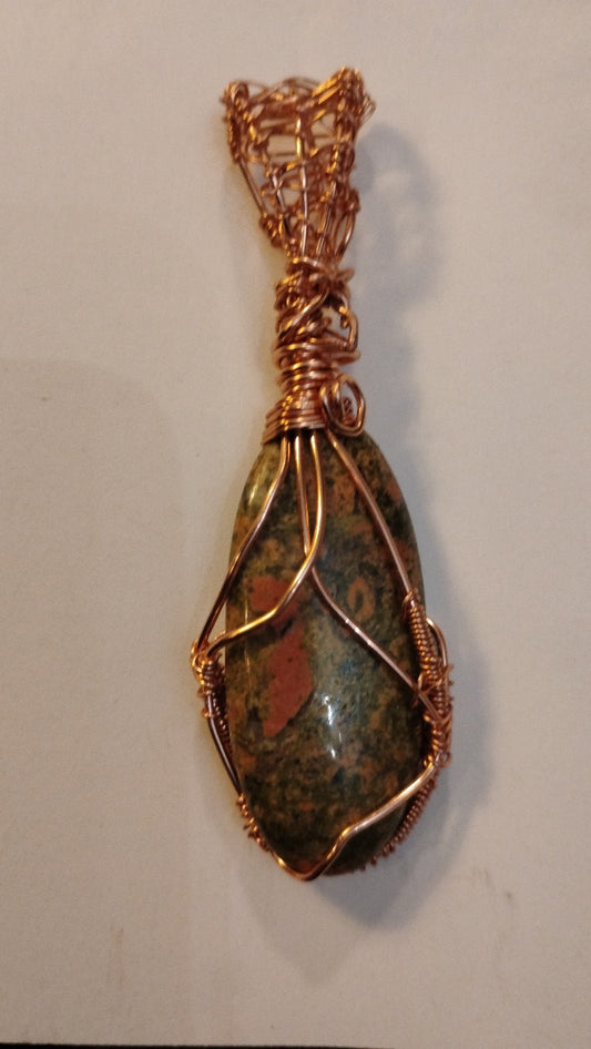 Handmade Jasper Wire Wrapped Pendant – Copper Wire Jewelry – Natural Stone Necklace – Boho Crystal Gift – Unique Statement Piece